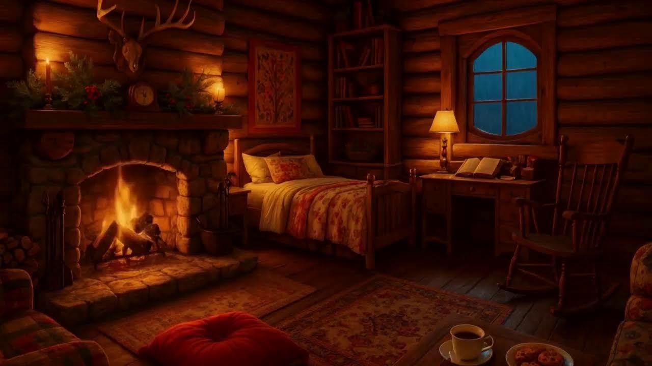 Cozy Log Cabin Fireplace 🔥 Rain & Windy Night Ambience |  Relaxing Live Stream