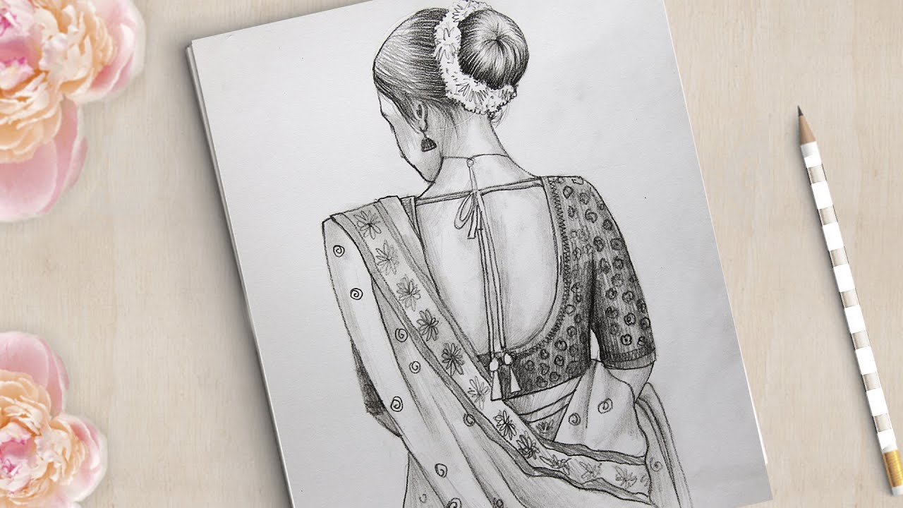 How to draw a Gorgeous Traditional Girl with Saree Easy | Saree Drawing | girl drawing