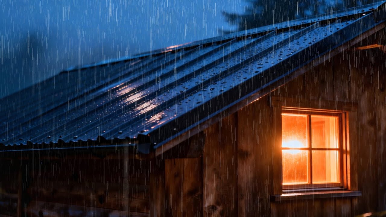 Rain Sounds for Sleeping | Deep Night Rain Hitting a Rustic Rooftop with Golden Window Glow (1 Hour)