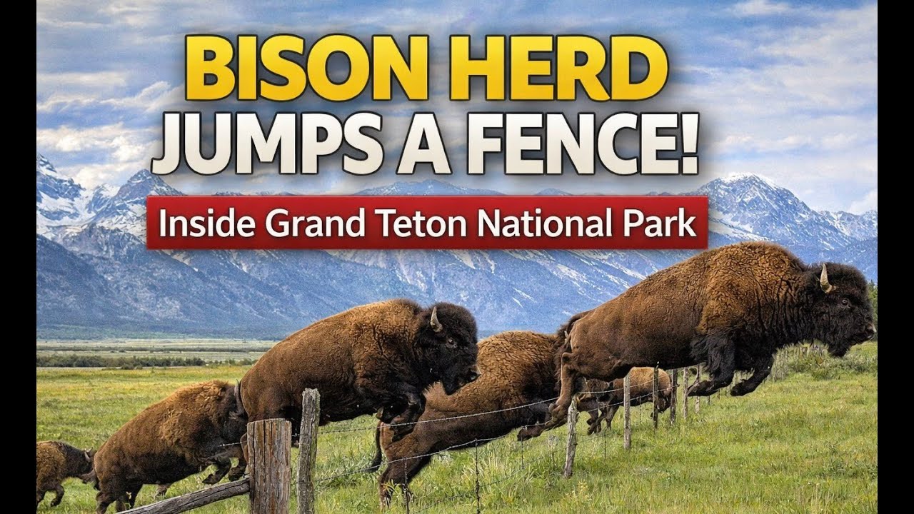 Bison (Buffalo) Herd Jumps a Fence in Grand Teton National Park