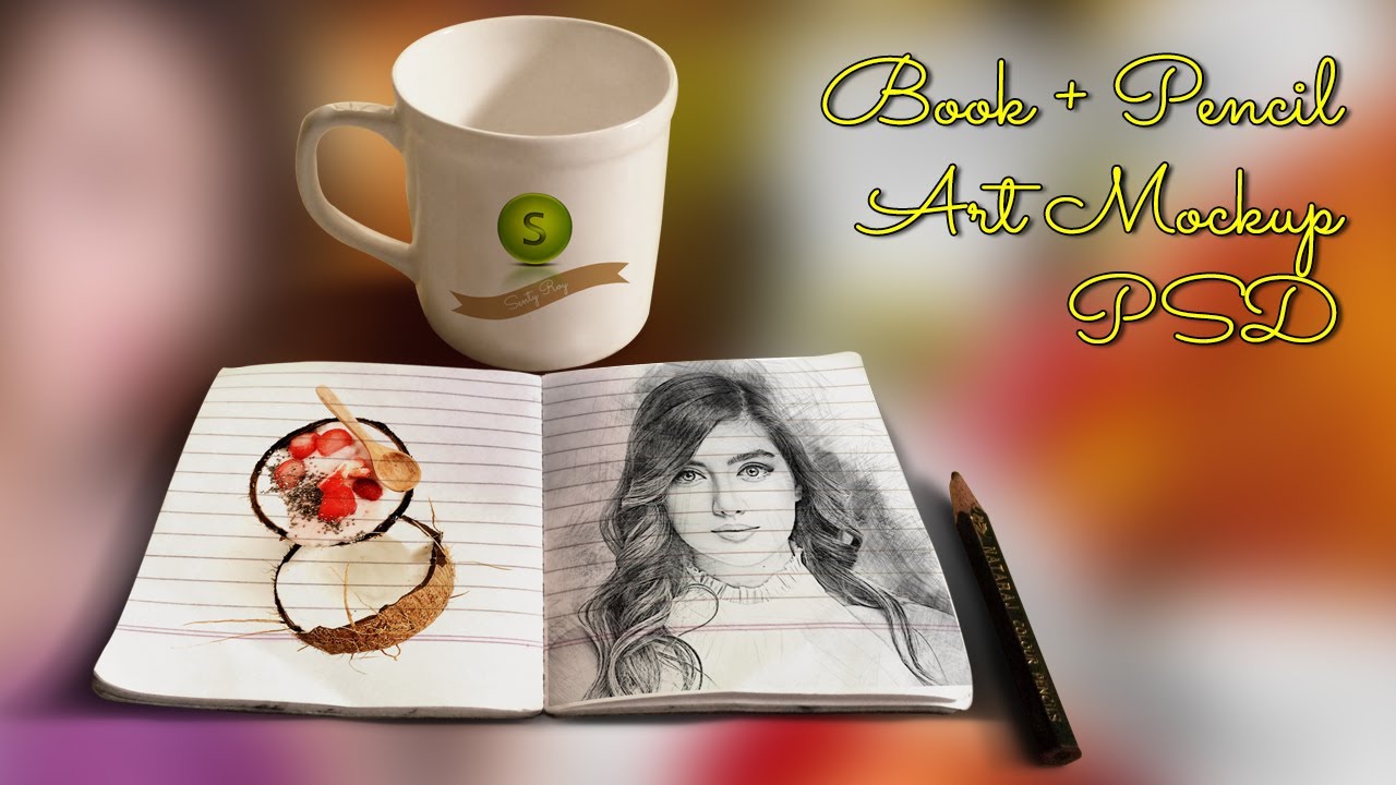 Book + Coffee Mug + Pencil Sketch Action + Mockup PSD