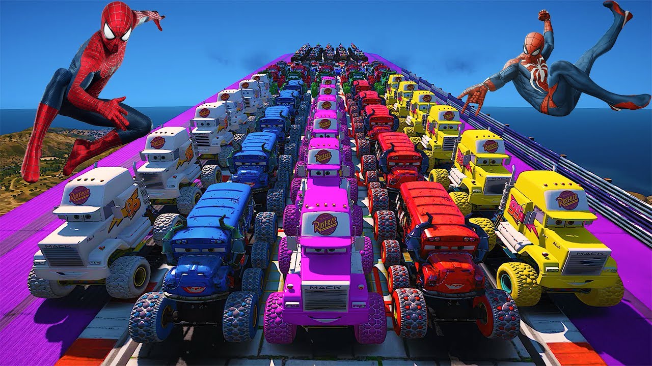 GTA 5 SPIDERMAN Cars Challenge Crazy Ragdolls Disney Cars McQueen MackTruck Jackson Storm PoliceCars