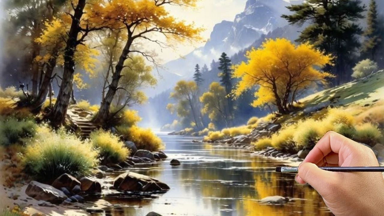 🎨 Painting a Golden Autumn River Landscape | Relaxing Acrylic Painting #036