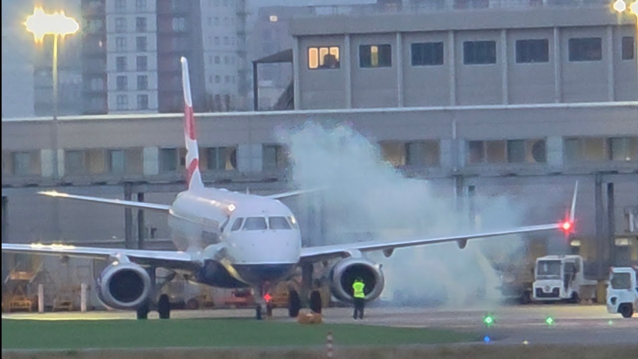 British Airways Embraer E190 Smokey Engine startup at London City Airport