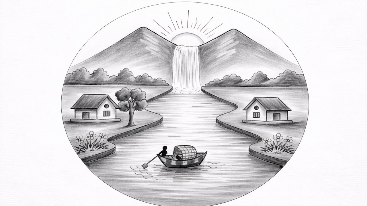How to draw a scenery with pencil/ easy drawing with pencil in circle/ scenery drawing with pencil 