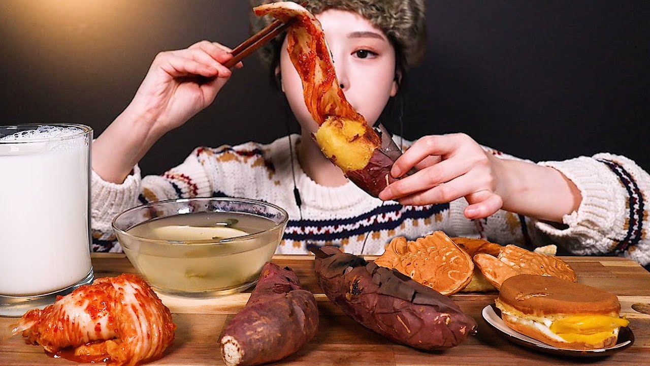 SUB)추운 겨울 간식스페셜 ☃🍠 군고구마 붕어빵 계란빵 호떡 김장김치 동치미로 마무리 리얼사운드 Baked Sweet Potatoes Mukbang ASMR