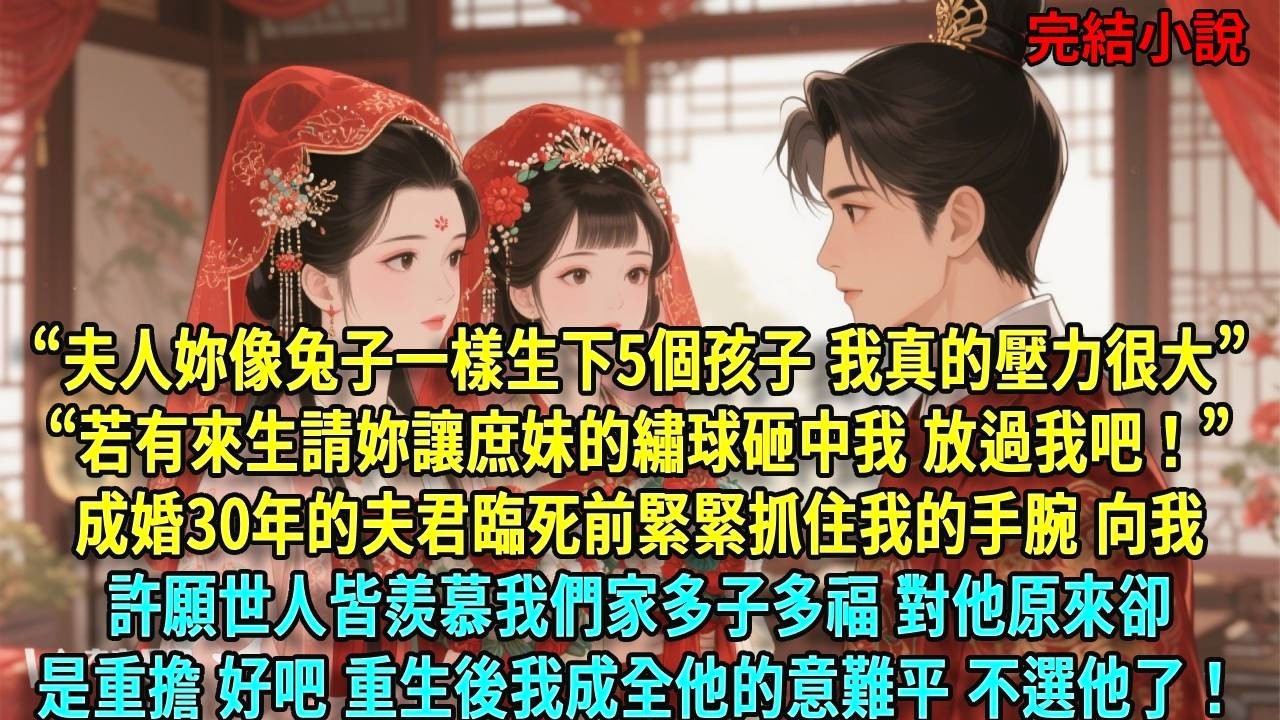 「夫人妳像兔子一樣生下五個孩子，我真的壓力很大。」「若有來生，請妳讓妳庶妹的繡球砸中我，放過我吧！」成婚三十年的夫君臨死前緊緊抓住我的手腕向我許願，世人皆羨慕我們家多子多福#爽文#古言#打臉#小說