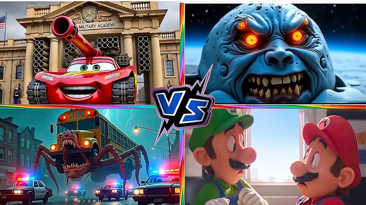 School Bus Monster VS McQueen Tank VS Super MARIO VS LUNAR MOON Tiles Hop EDM Rush 2
