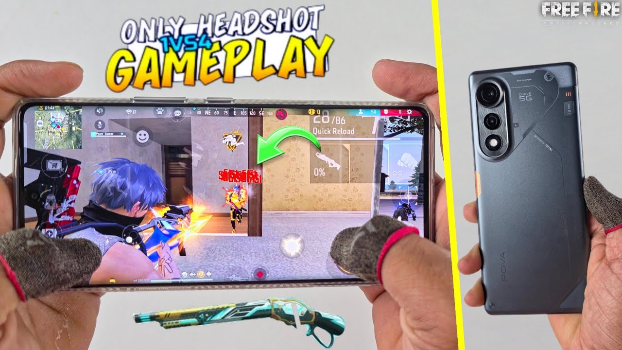 onetap headshot solo vs squad gameplay free fire in Tecno Pova Curve with handcam