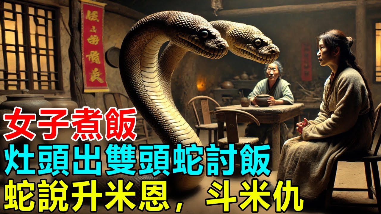 民間故事：女子煮飯，灶頭下竄出雙頭蛇討飯，蛇說升米恩，斗米仇