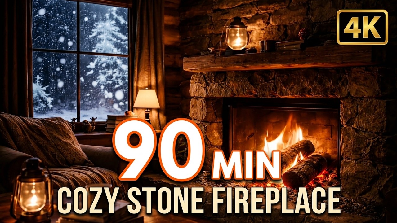 Cozy Fireplace with Snowstorm Outside – Relaxing Fire Sounds for Sleep (No Music)