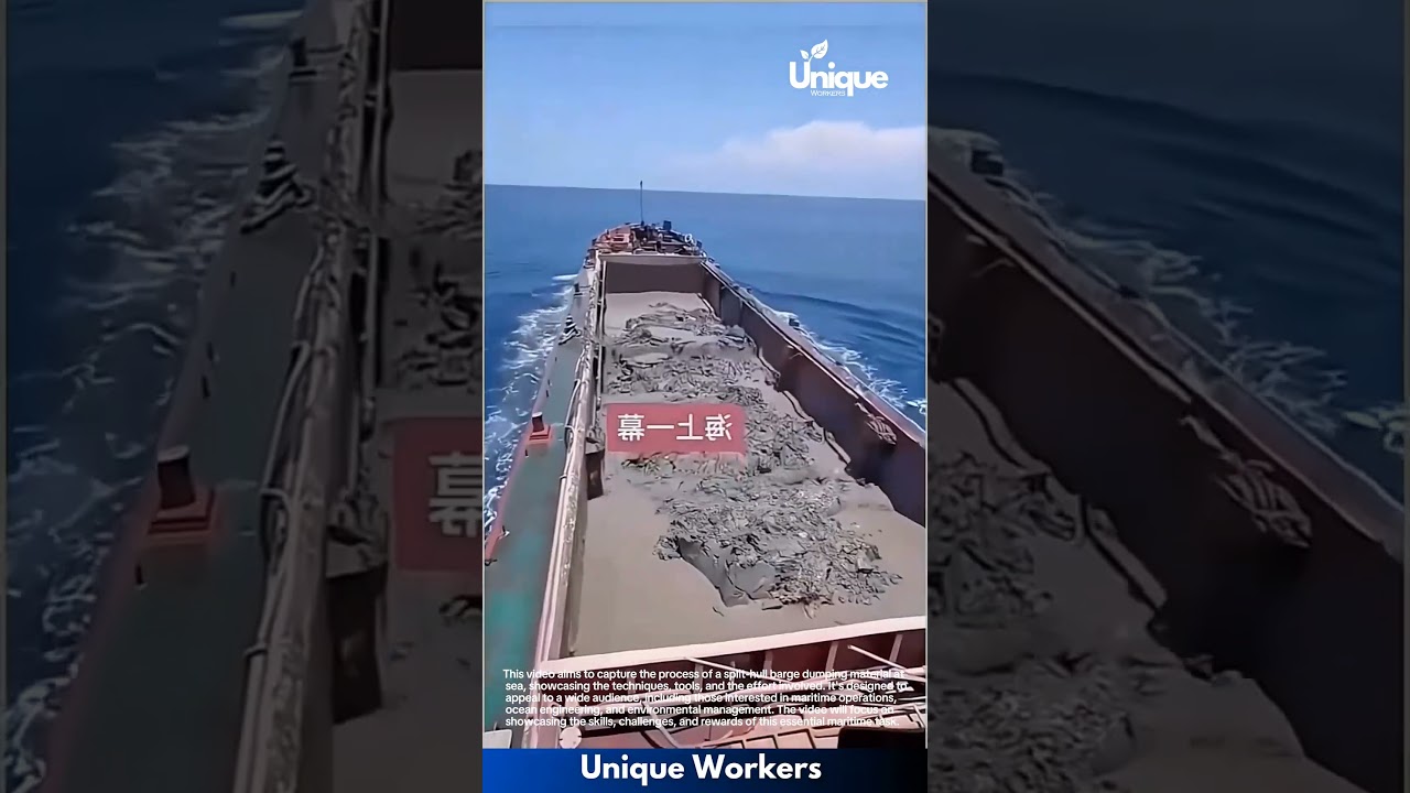 Barge dumping: split-hull barge dumping material at sea