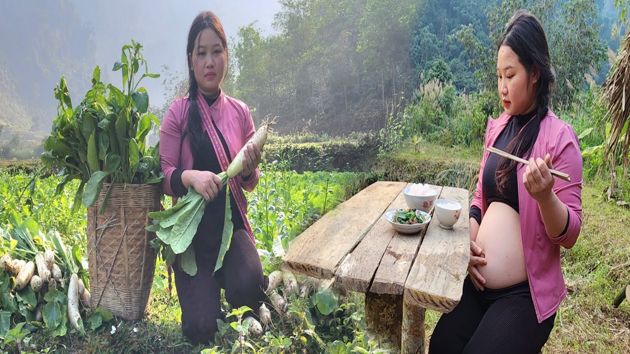The pregnant girl harvests radishes, takes them to the market, and cooks herself a delicious meal