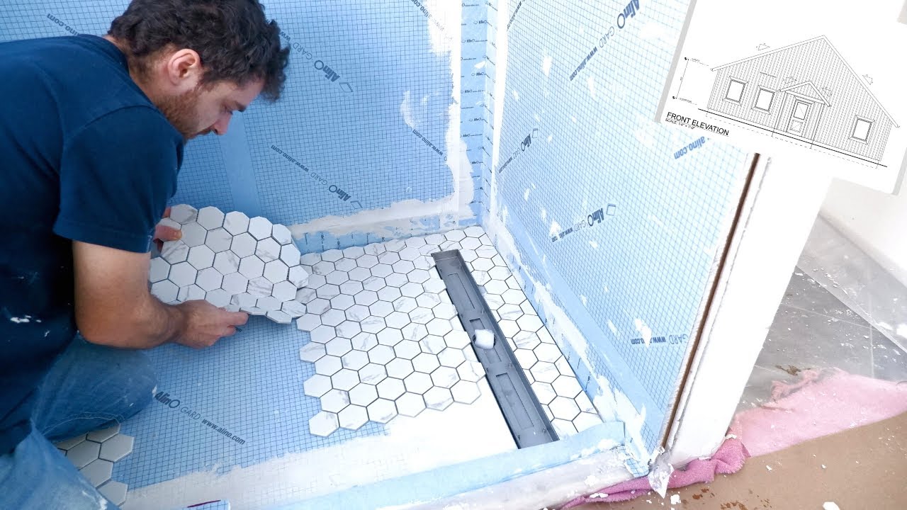 Hexagon mosaic tile shower floor - Ep #42 - Off Grid Cottage Build