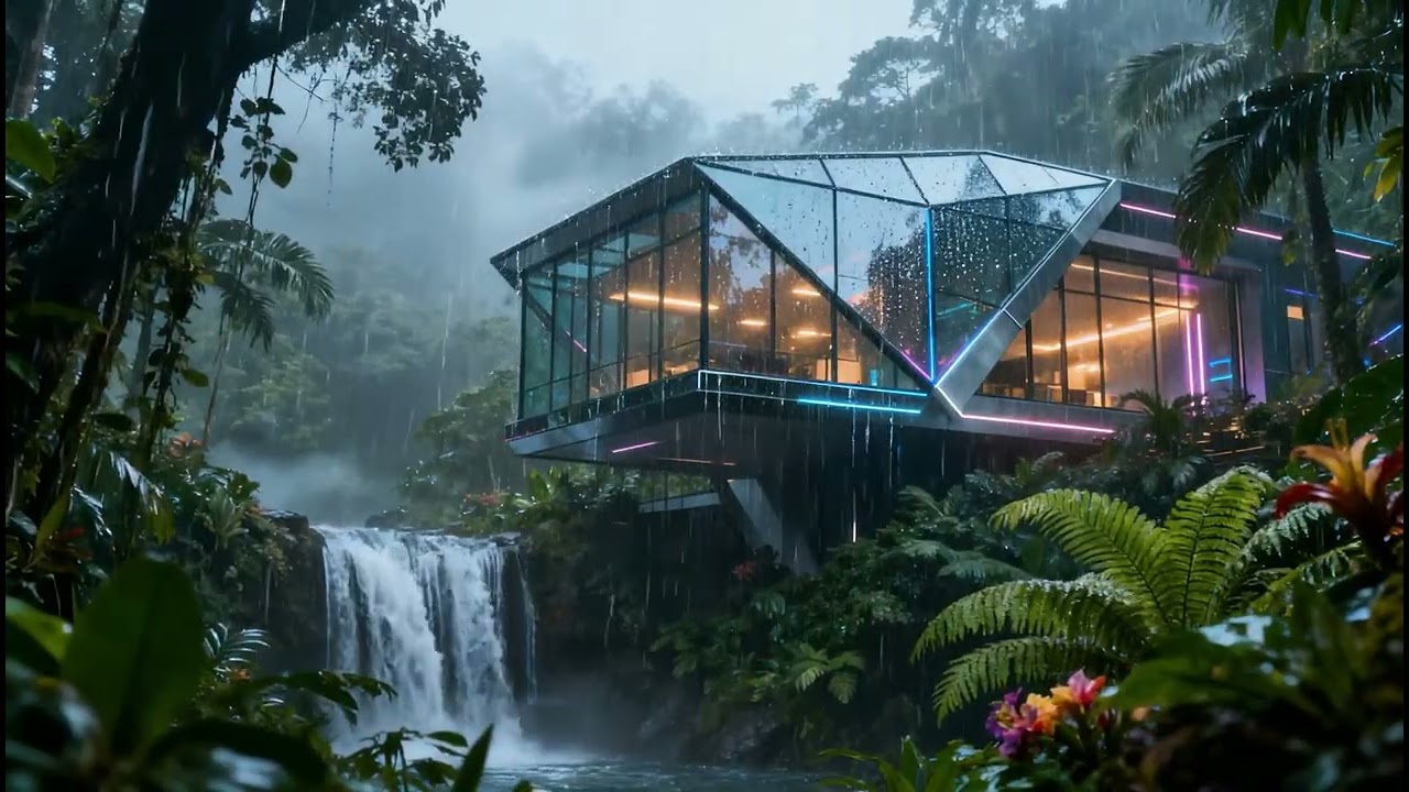 Relaxing Piano Rain for Focused Work | 8 Hour Glass Villa Ambience for Concentration