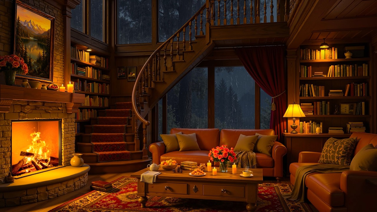 🔥 Relaxing Jazz in Cozy Cottage Ambience with Gentle Night Rain & Fireplace Sounds for Deep Sleep