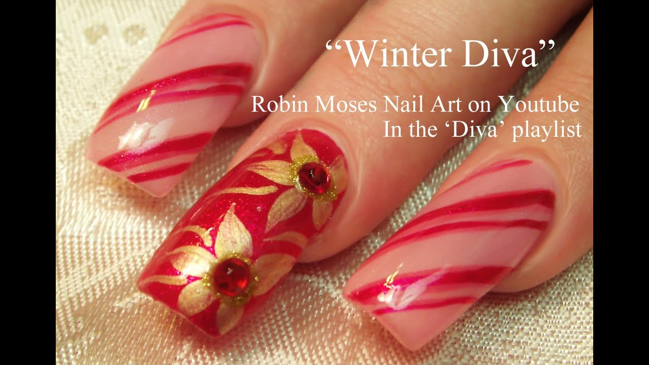 Easy Christmas Nails | DIY Diva Candy Stripe Nail Art with Gold Poinsettias!