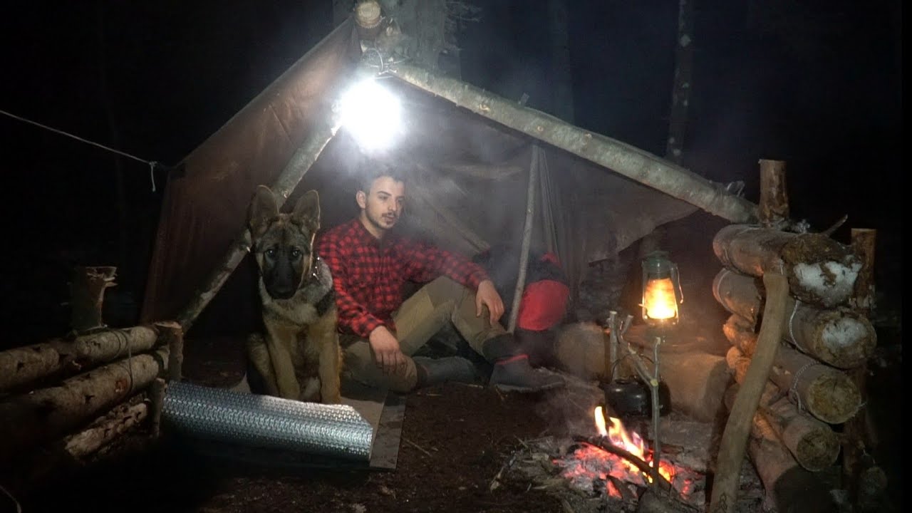 Двухдневный зимний лагерь в дикой природе с моей собакой - Bushcraft Shelter Camping, Asmr