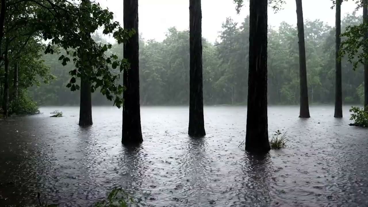 Heavy Rain in Flooded Forest Ambience for Deep Sleep, Relaxing Rain Sounds in Calm Nature