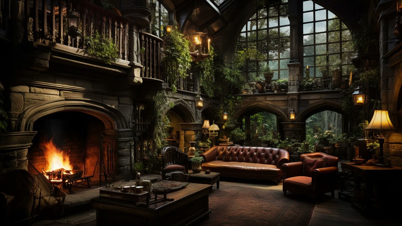 Cozy Castle Room Ambience in Forest 🌧️ Soft Piano Music 🌧️ Rain Sounds & Warm Fireplace for Sleep