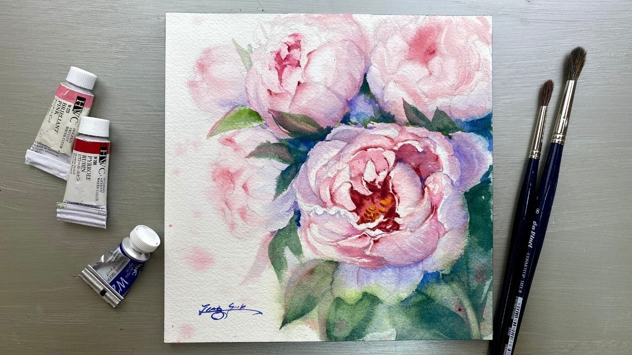 Watercolor Painting-Pink Peonies-Advanced Tutorial Step by Step.