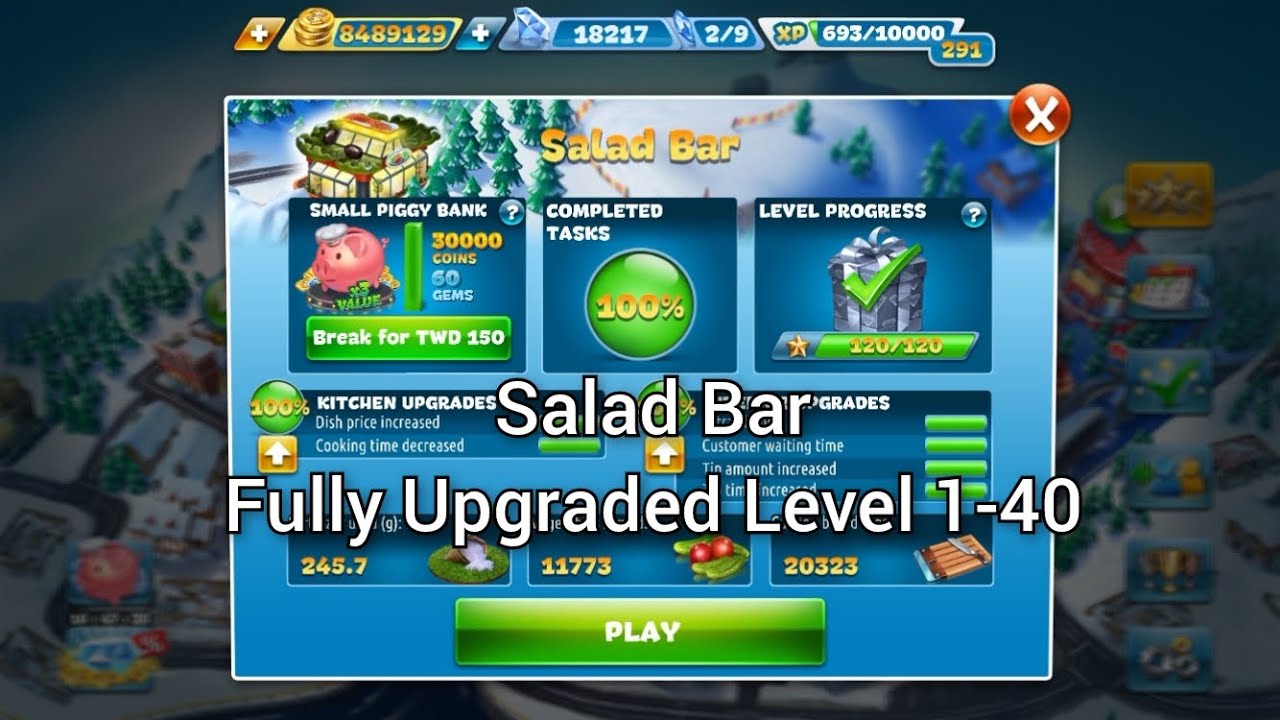 Cooking Fever-Salad Bar Level 1-40 (3 Stars) Fully Upgraded
