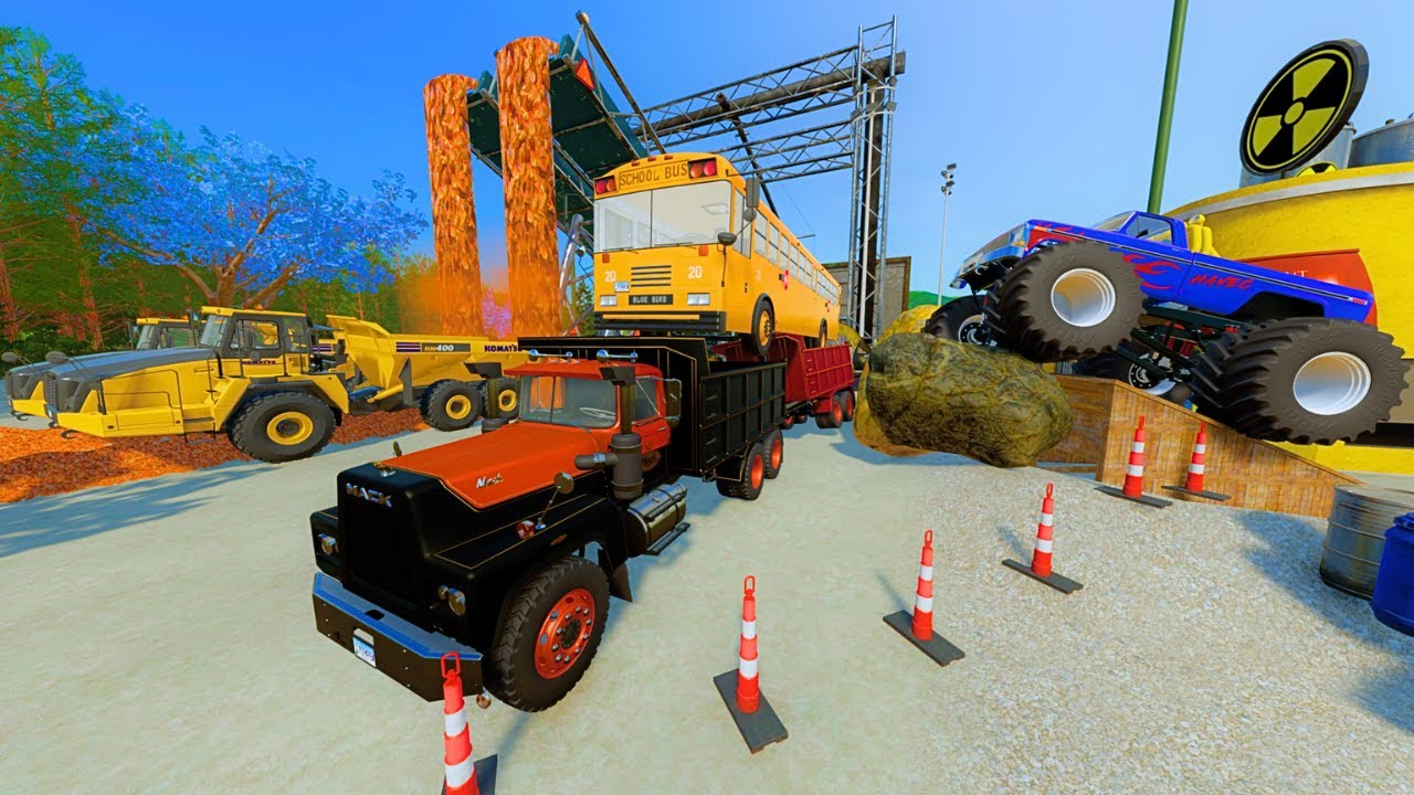 Rescuing school bus from mudslide with Construction Trucks at the quarry | Farming Simulator 22