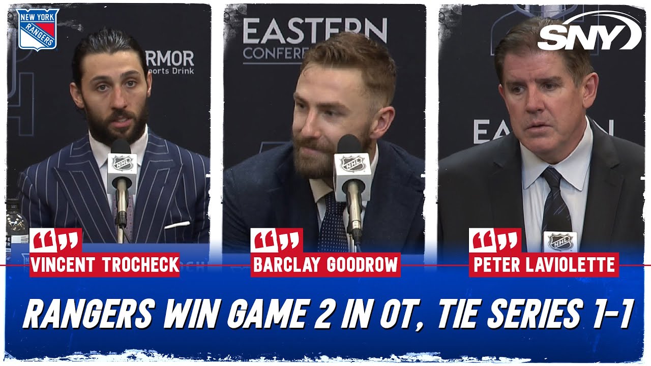 Barclay Goodrow, Vincent Trocheck & Peter Laviolette talk Rangers OT win to tie series vs Fla. | SNY
