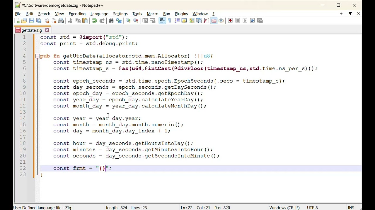 Get UTC Date in Zig Programming Language
