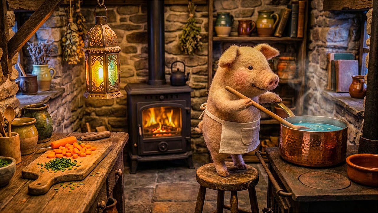 Cozy Pig’s Kitchen Retreat 🐷 | Crackling Fire & Soothing Music | Gentle Sounds for Relaxation