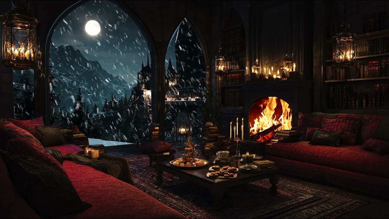 Winter Night Inside a Medieval Castle 🕯️ Piano & Snow Ambience for Focus