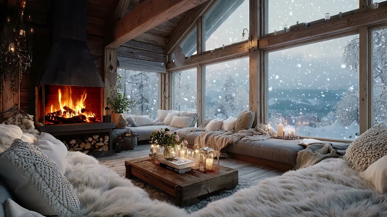 Cozy White Floral Piano Ambience | Fireplace Glow and Snowfall for Focus