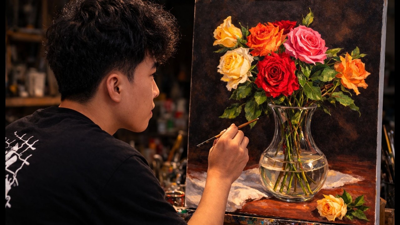 🎨 Painting Colorful Roses in a Glass Vase | Relaxing Acrylic Still Life Tutorial | #181