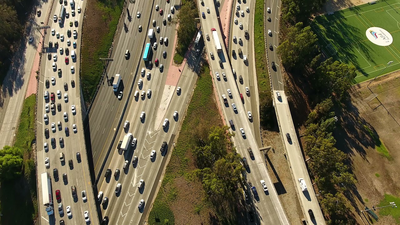 Royalty Free Drone Video Pan Up of Heavy Los Angeles Traffic Drone Stock Video Footage