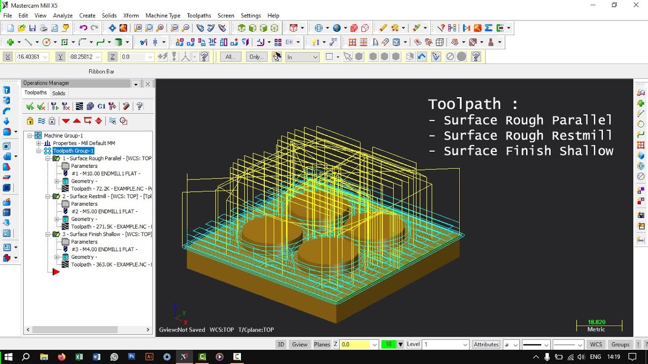 MasterCam X5 || Basic Milling Example || Parallel mill, restmill, shallow finish
