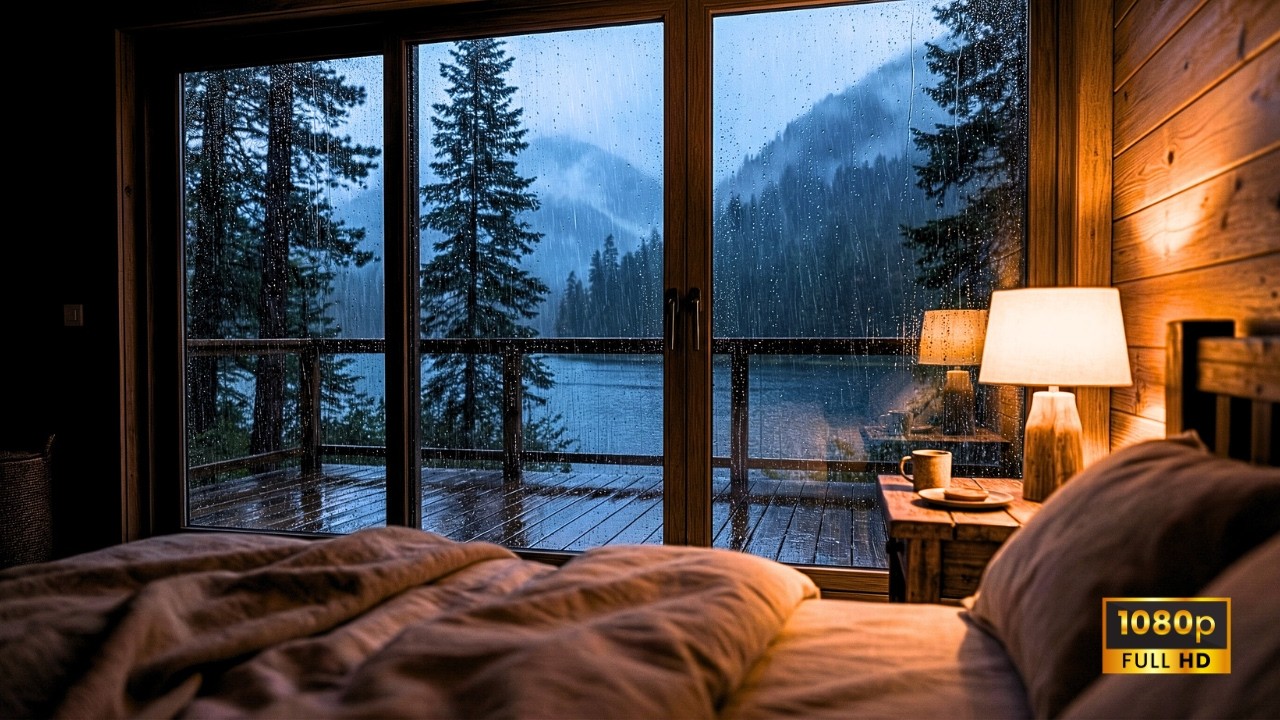 Rainy Night in a Warm Wooden Cabin 🌧️ Relaxing Lake & Forest Ambience