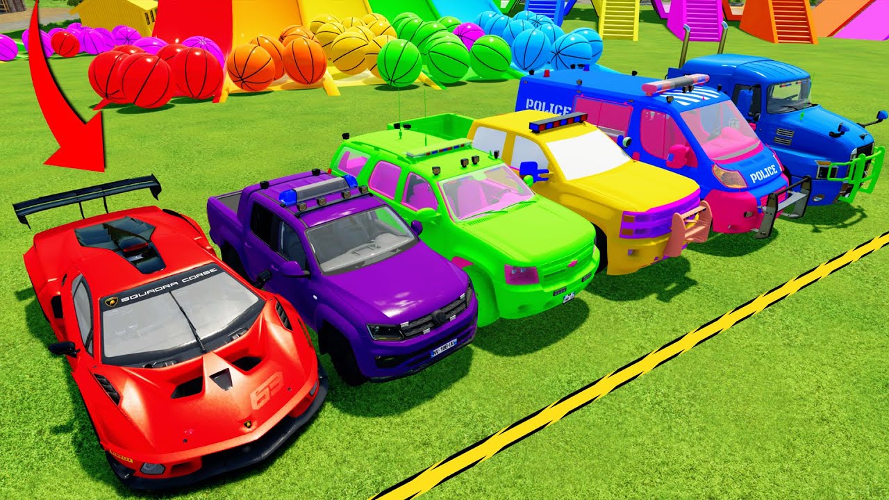 Garage with Colors - TRANSPORTING ALL POLICE CARS WITH DOUBLE FLATBED TRAILER MAN TRUCK - FS 25