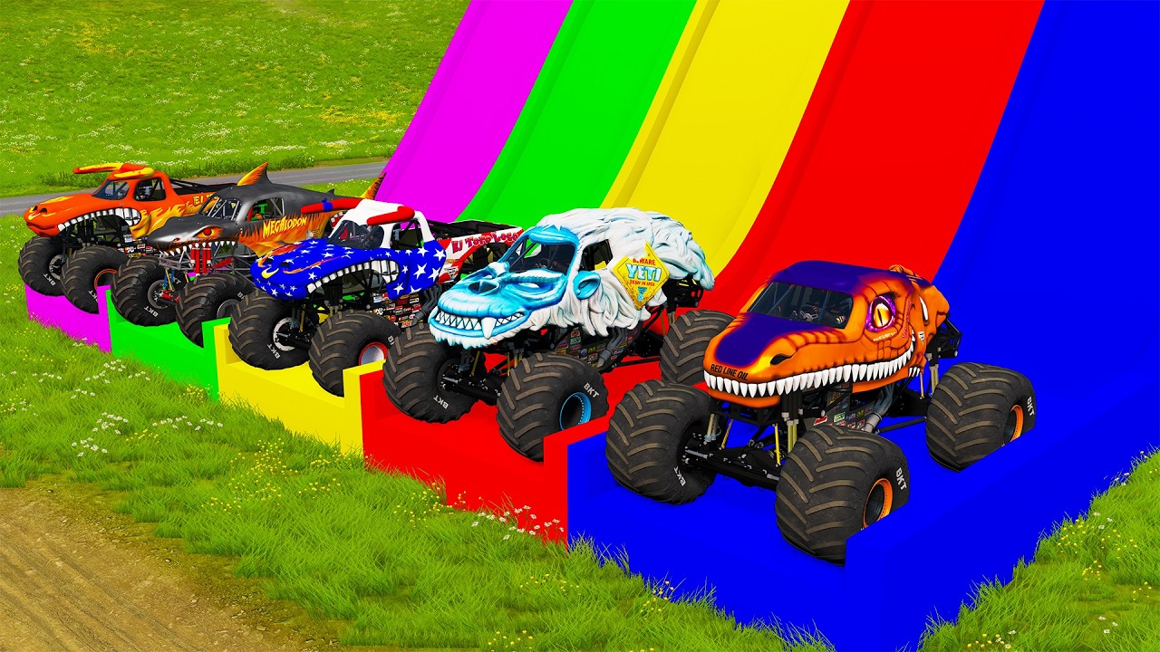 Double Flatbed Trailer Monster Trucks Transport with Slide Color - Cars vs Speed bump - BeamNG #111