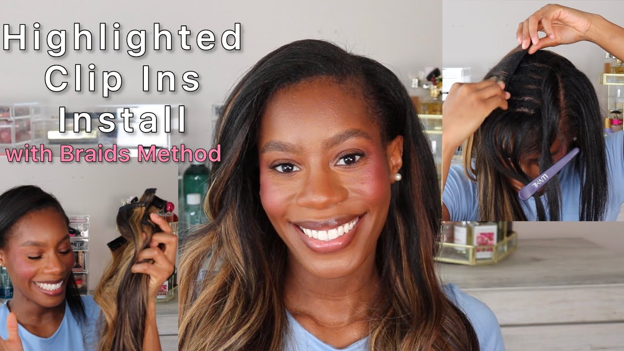 Caramel Brown Highlights Clip In Hair Extensions Install with Braids Method