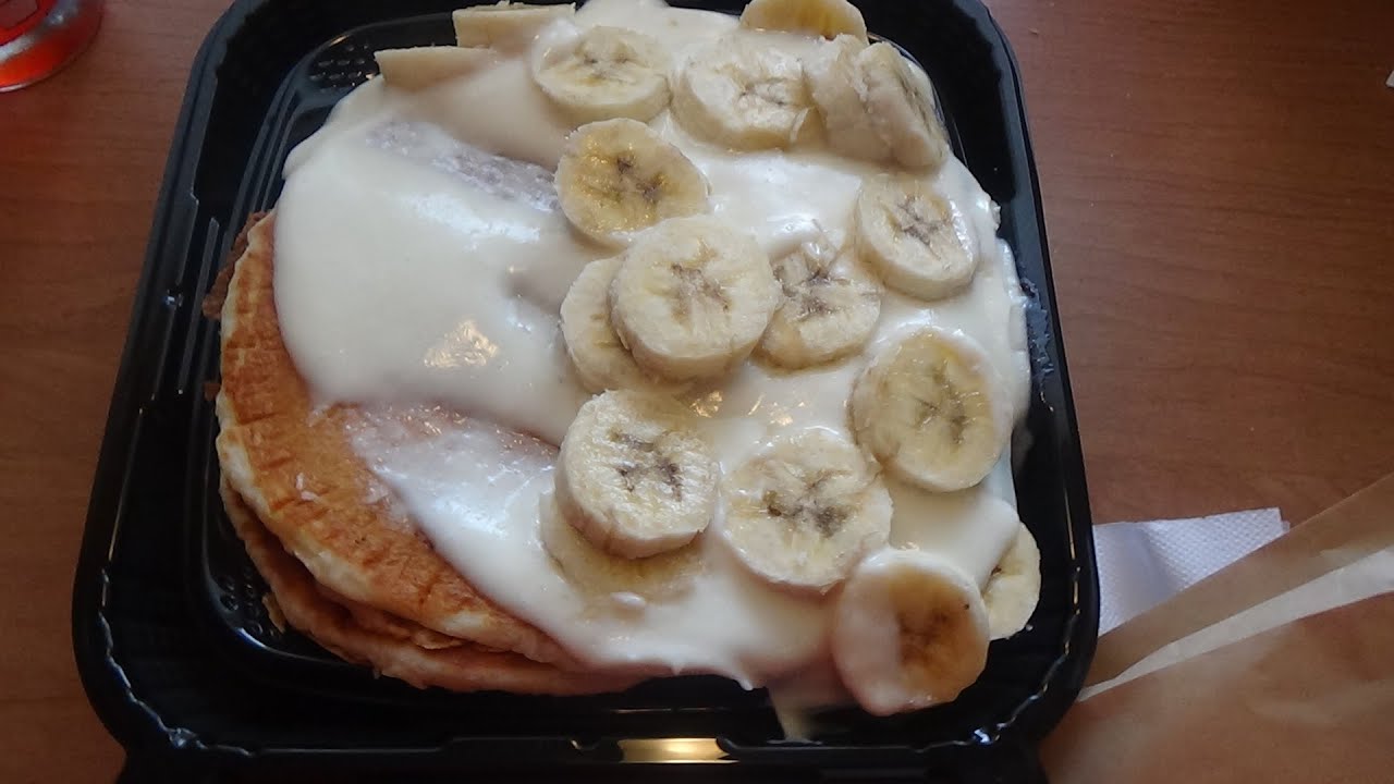 ASMR Eating Denny's Banana Cream Pancakes/With Hash Brown Eggs Bacon & Sausage Links