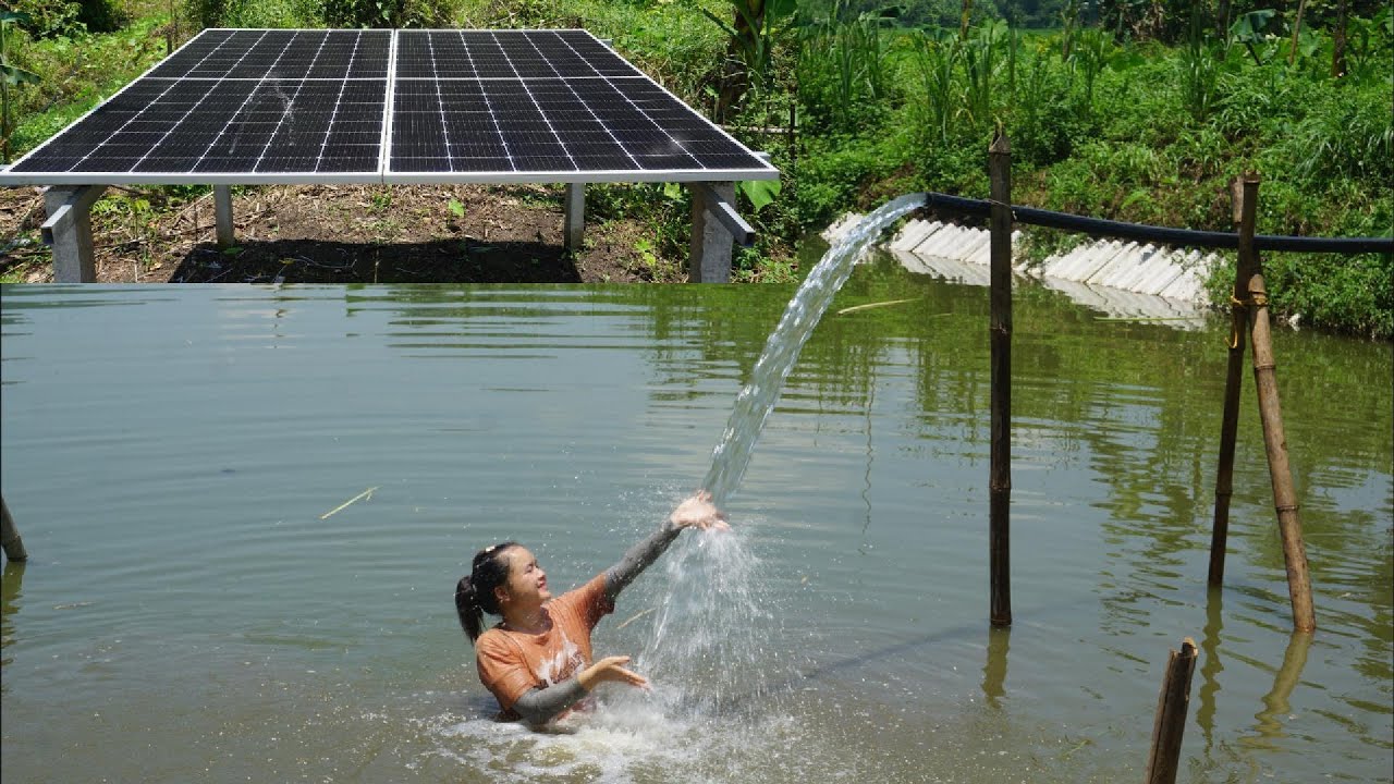 Girl and electrician install solar water pump system for fish pond