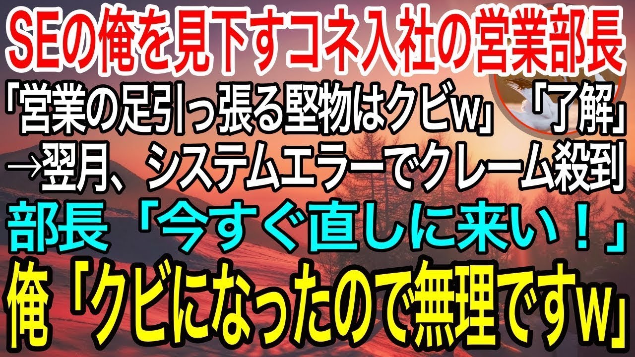 【感動】コネ入社のポンコツ営業部長「営業の足を引っ張る頭の硬いインテリはクビw」IT系の俺「じゃ、辞めます」→翌月、システムエラーで取引先からクレーム殺到！部長「今すぐ直しに来い」と言われたので…