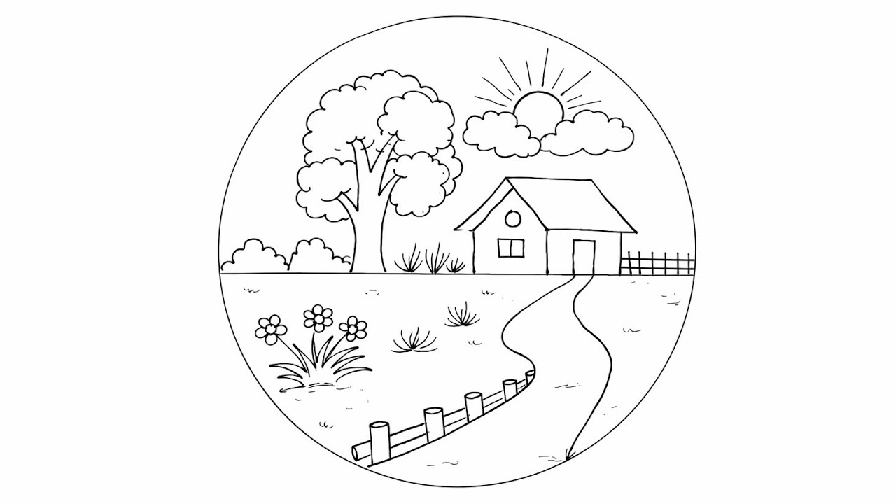 Easy scenery drawing in circle/ beautiful circle scenery drawing/ easy drawing ideas for beginners 