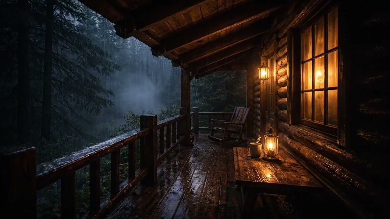 Rain on Cozy Forest Cabin Porch with Soft Ambient Music 🌧️ | Sleep & Relax (4 Hours)