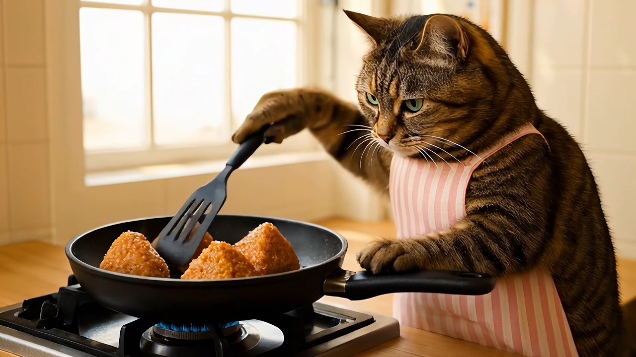 【AI Cat】キジトラ猫アンバーの焼きおにぎり作り！【料理】