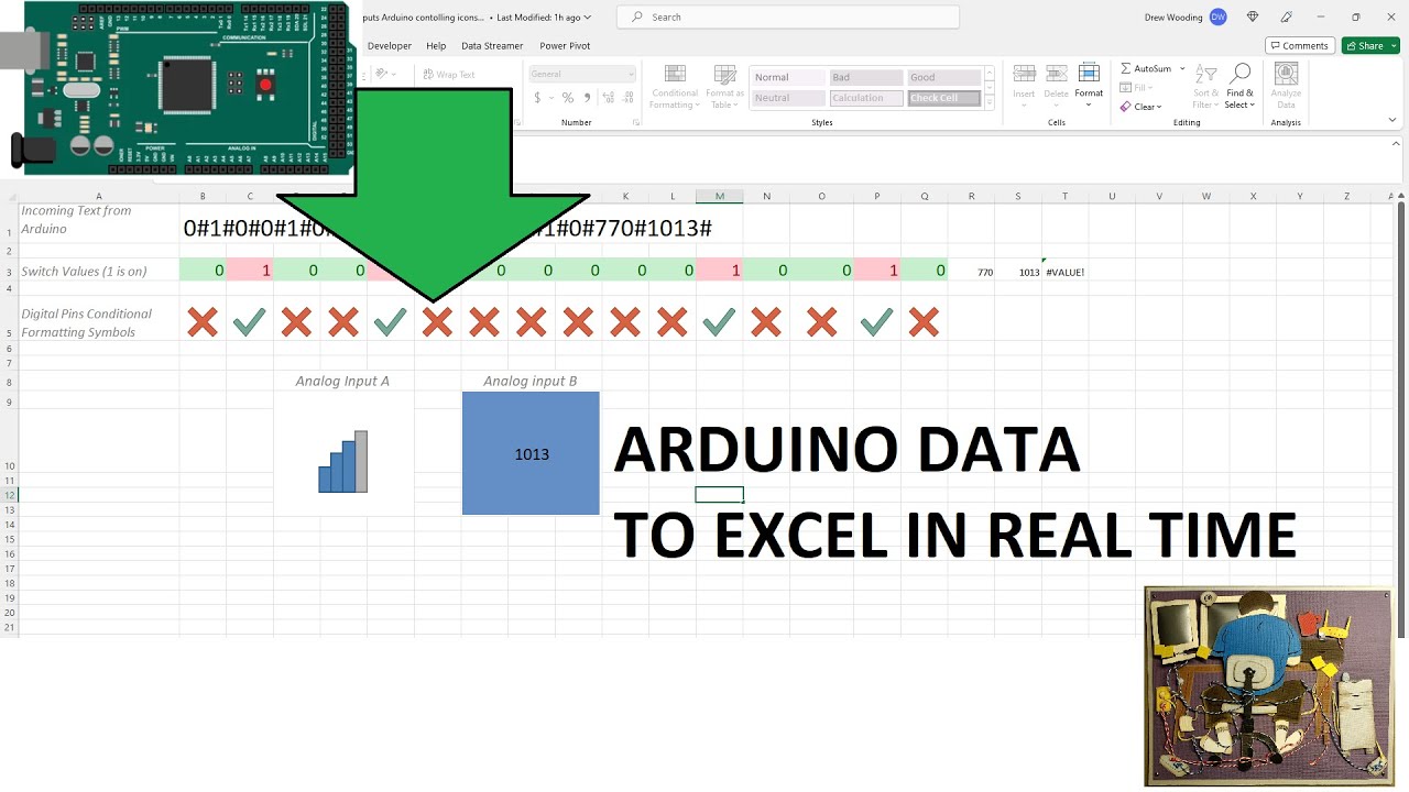 Excel DataStreamer with Arduino more than 10 digital and analog inputs visualized.