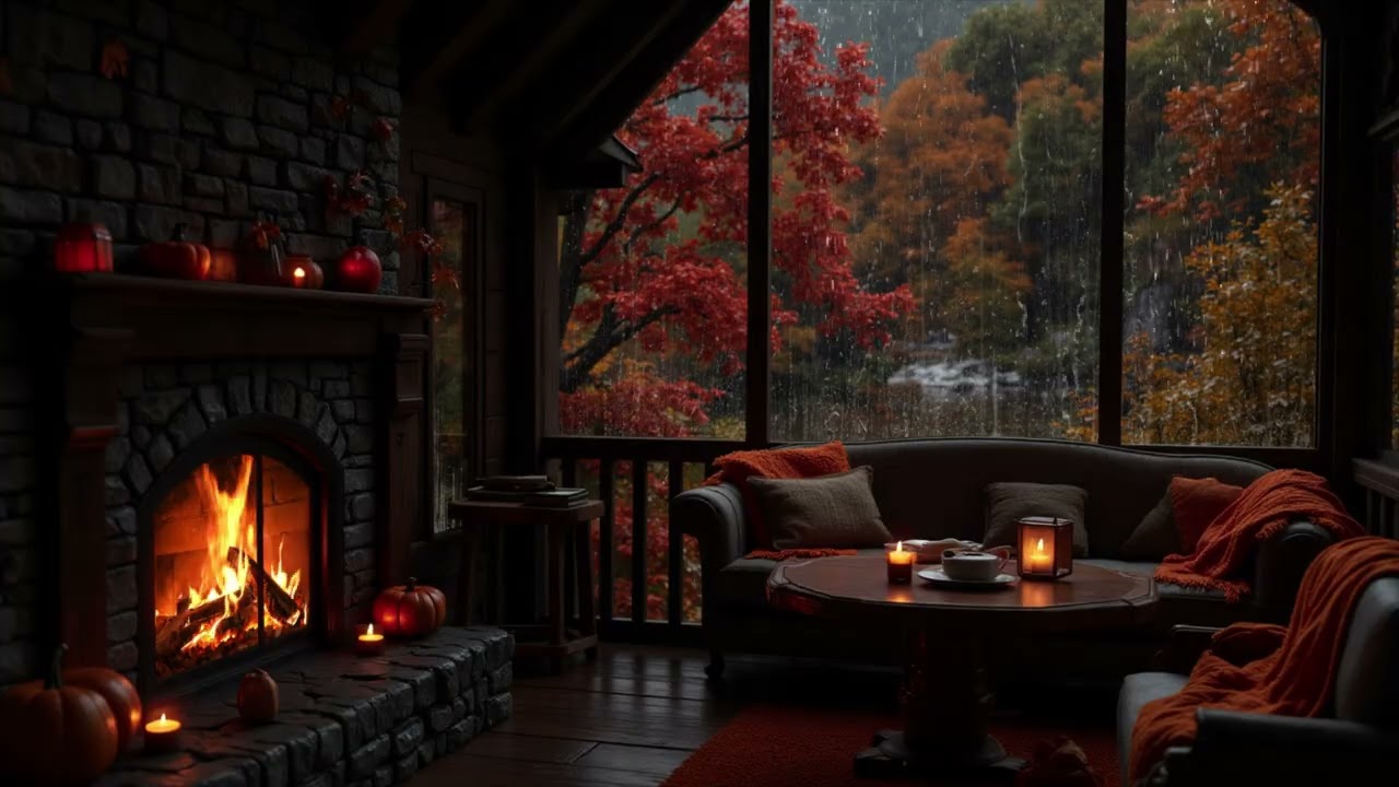 No Ads | Autumn Rainfall by the Window🍂Fireplace Crackling & Gentle Rain Sounds for Study & Sleep