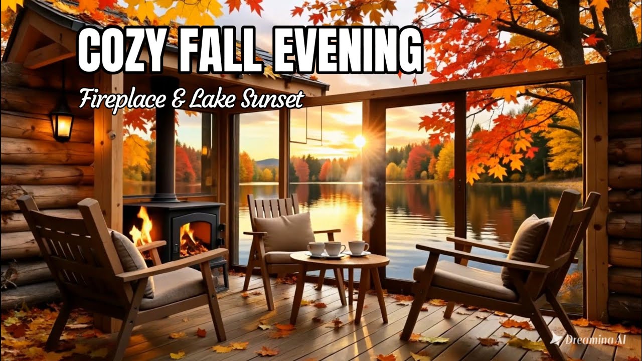 Cozy Autumn Fireplace Cabin 🍁 Relaxing Lake Sunset Ambience for Sleep & Study