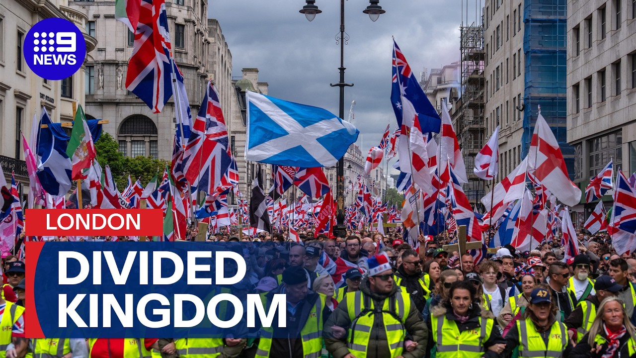 Crowds from rival protest groups march through London | 9 News Australia