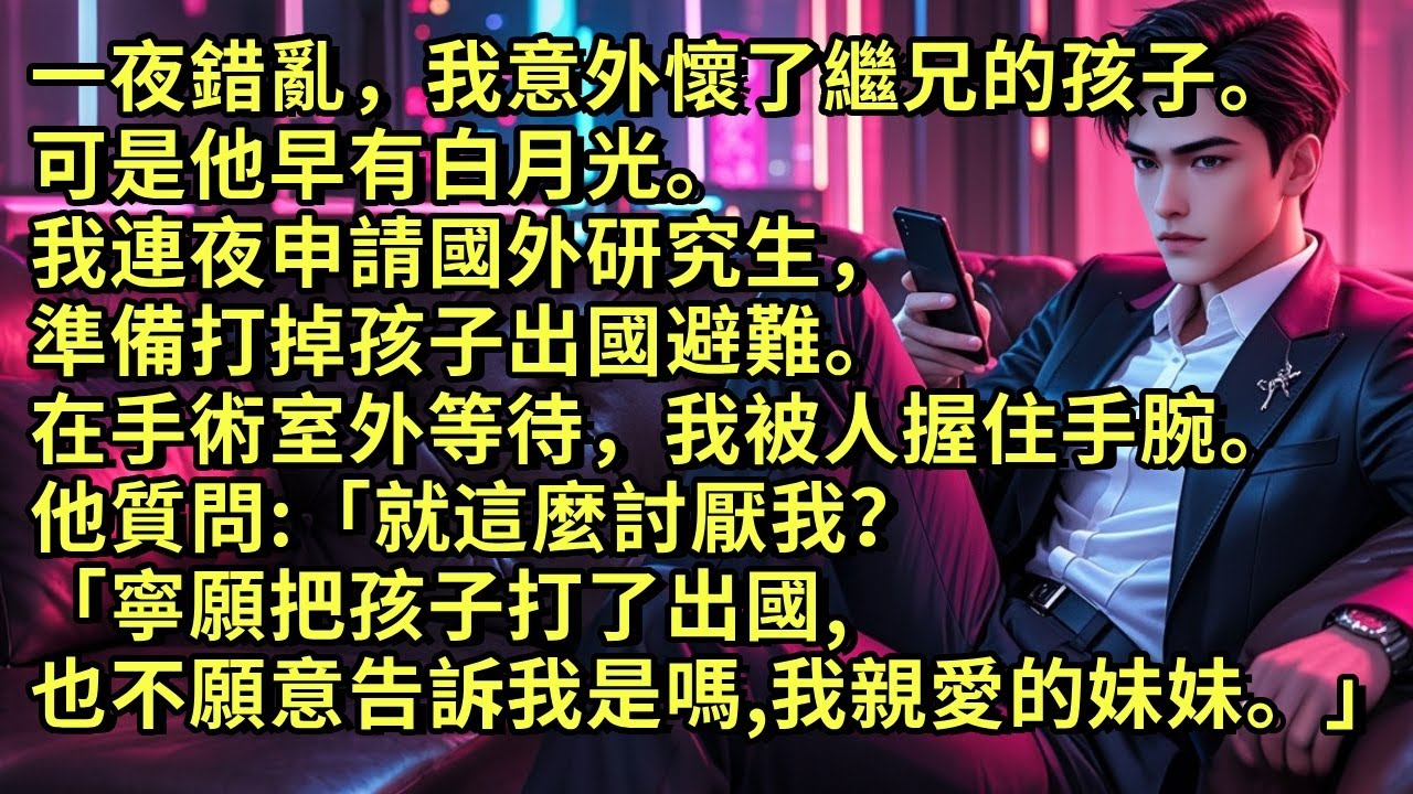 一夜錯亂，我意外懷了繼兄的孩子。可是他早有白月光。我申請國外研究生，準備打掉孩子出國。在手術室外等待，我被人握住手腕。他質問:「就這麼討厭我？「寧願把孩子打了出國也不願意告訴我是嗎，我親愛的妹妹。」